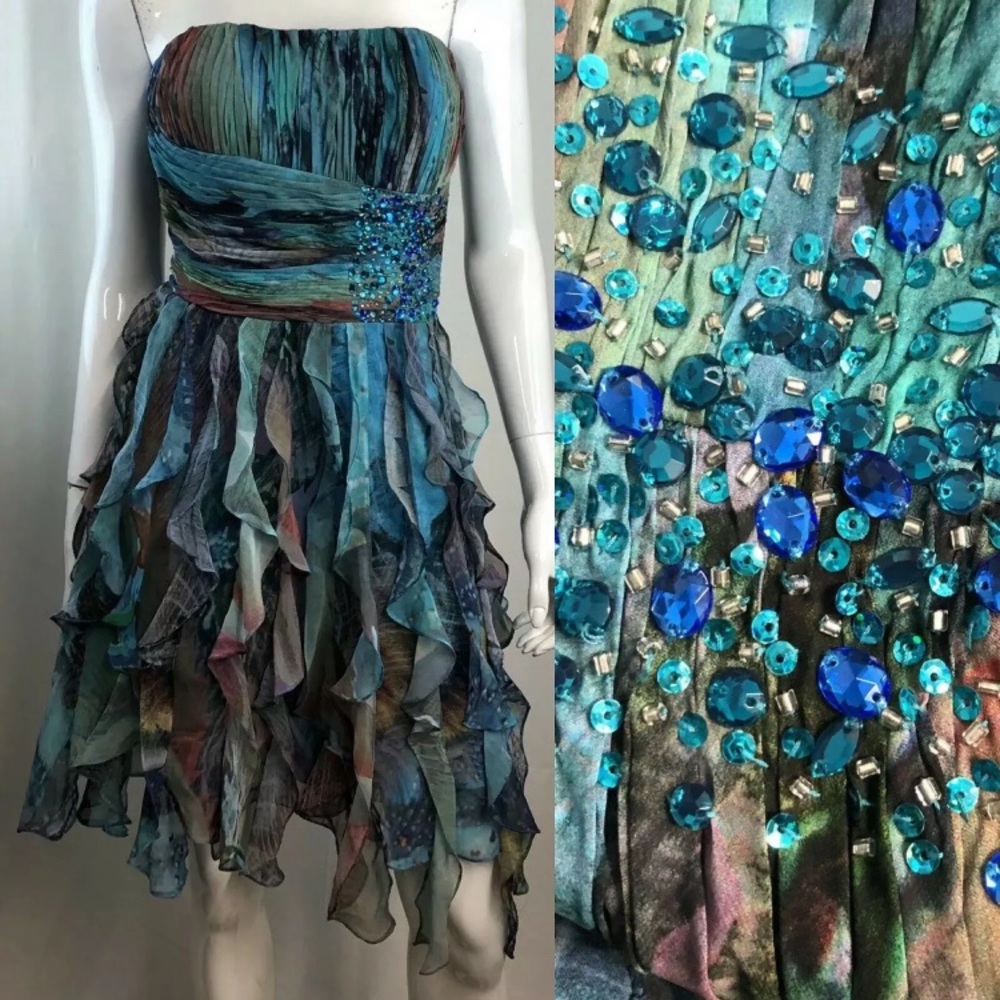 Cache Chiffon Rhinestone Ruffled Flutter Dress - image 1